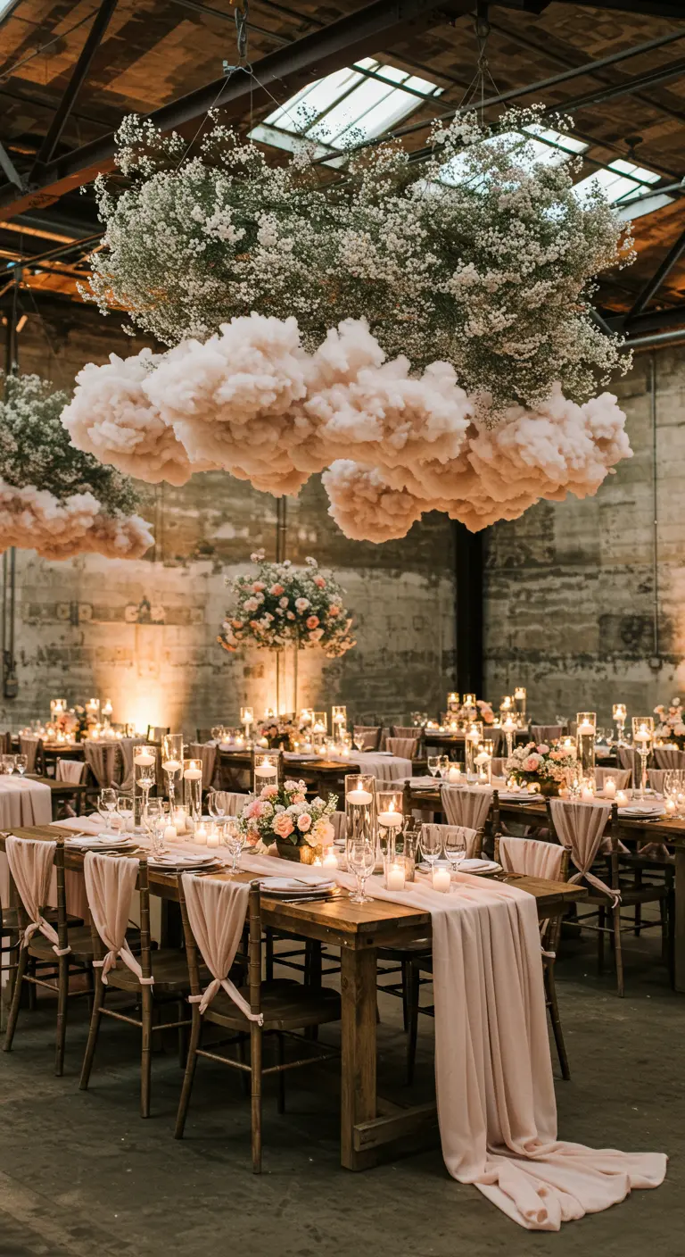 Diner in industriële hal met hangende installaties van gipskruid en wattenwolken, en roze gedrapeerde stoelen.