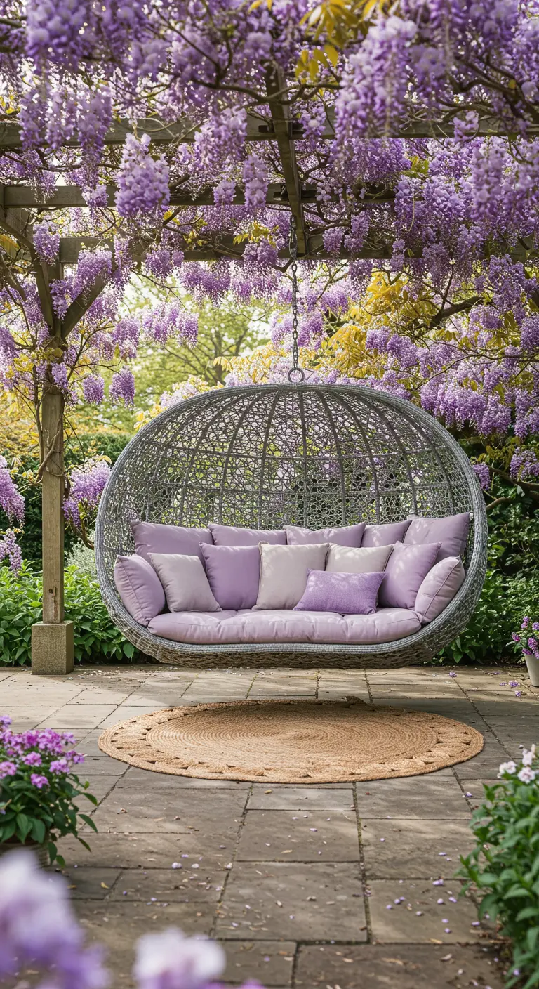 Groot rond daybed met lila kussens, hangend onder een pergola vol met paarse Wisteria-bloemen.