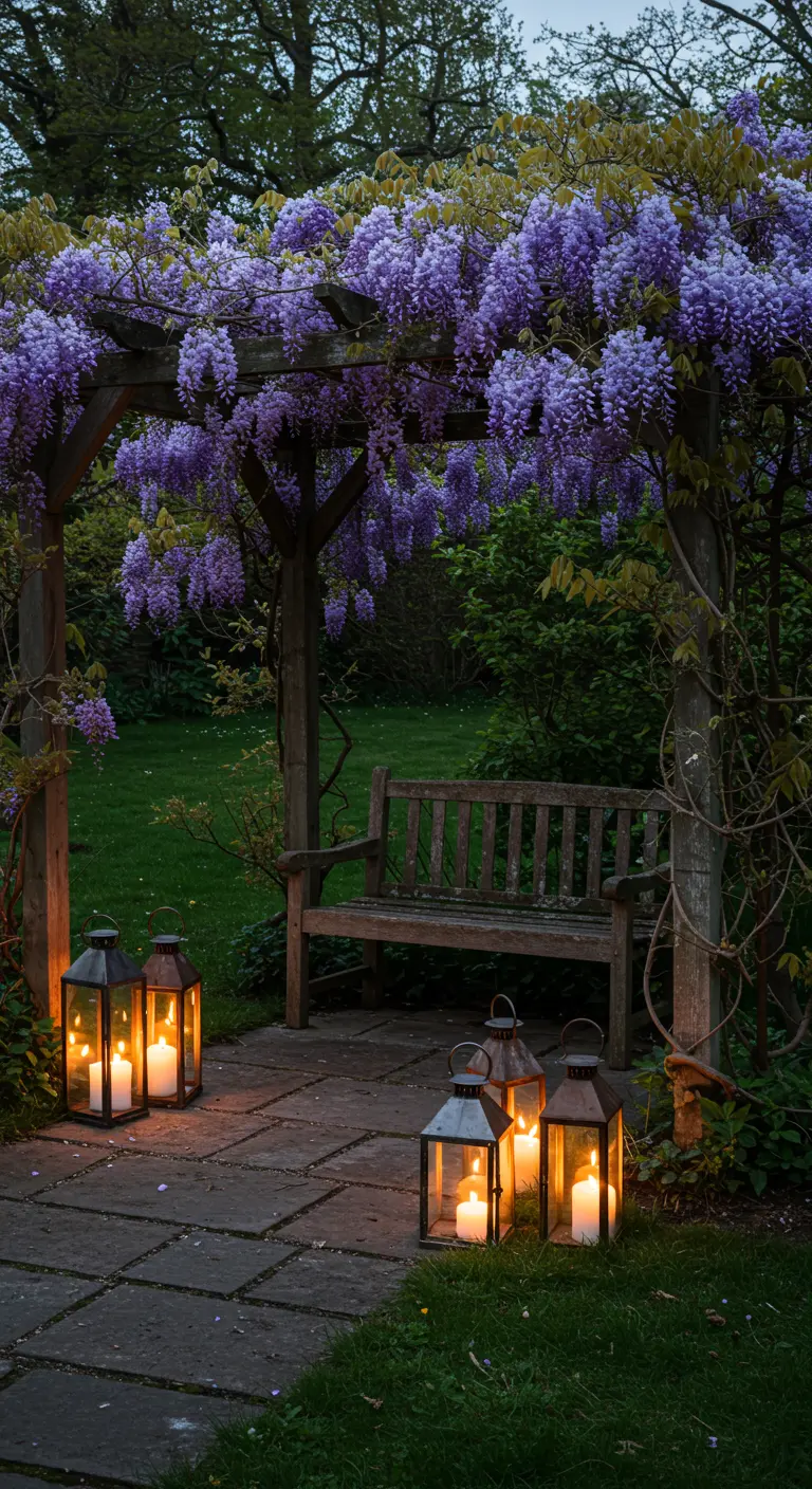 Houten pergola met bloeiende blauweregen en grote lantaarns op de grond.