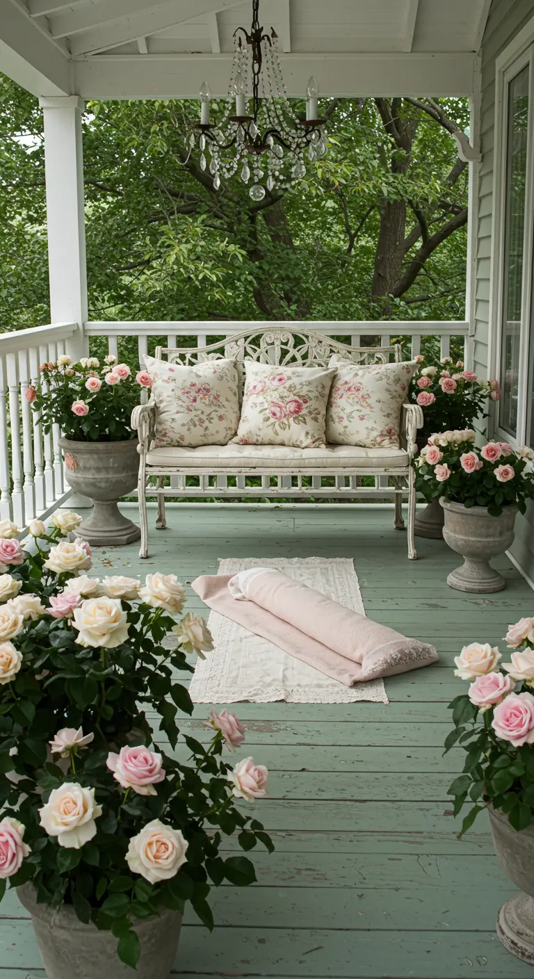 Romantische veranda met een wit bankje, rozen in potten en een kroonluchter.