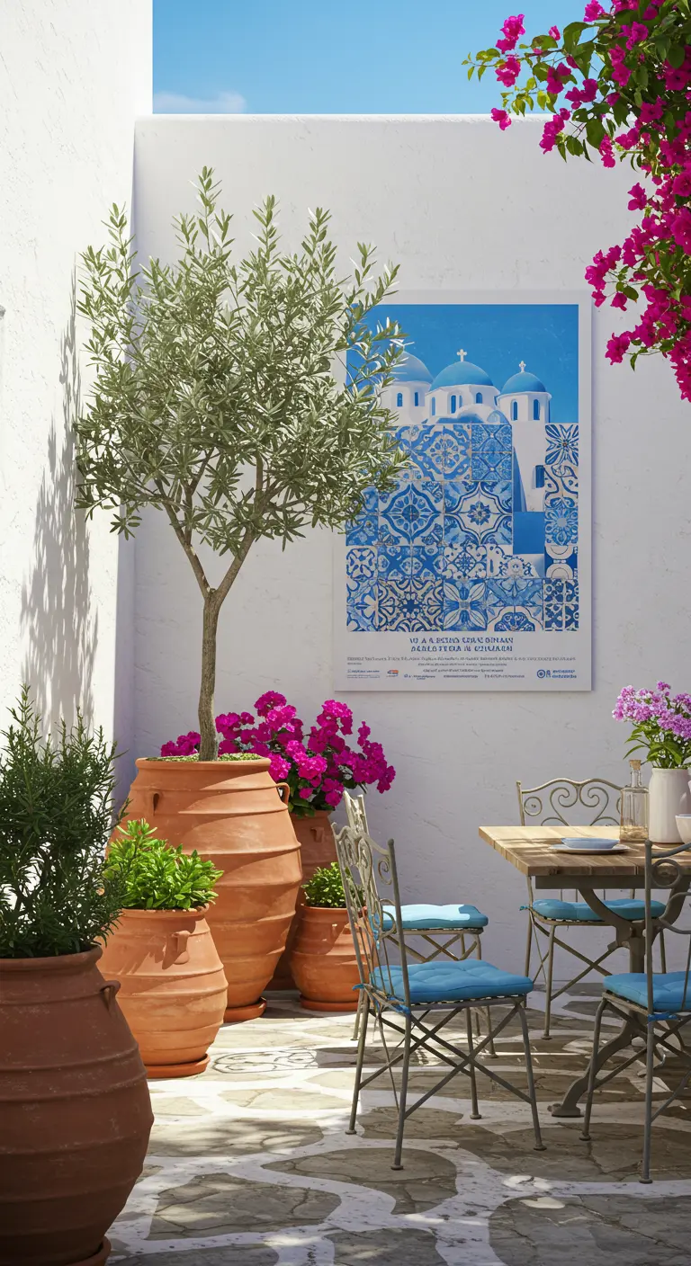 Mediterrane patio met witte muur, olijfboom en poster met blauw-witte Griekse tegels.