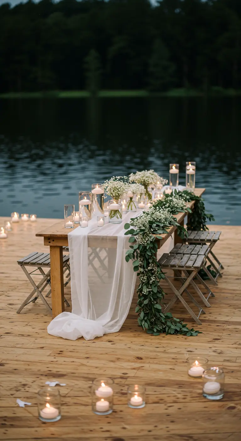 Romantische tafel op een houten steiger, met witte doeken, eucalyptus, gipskruid en veel kaarsen.