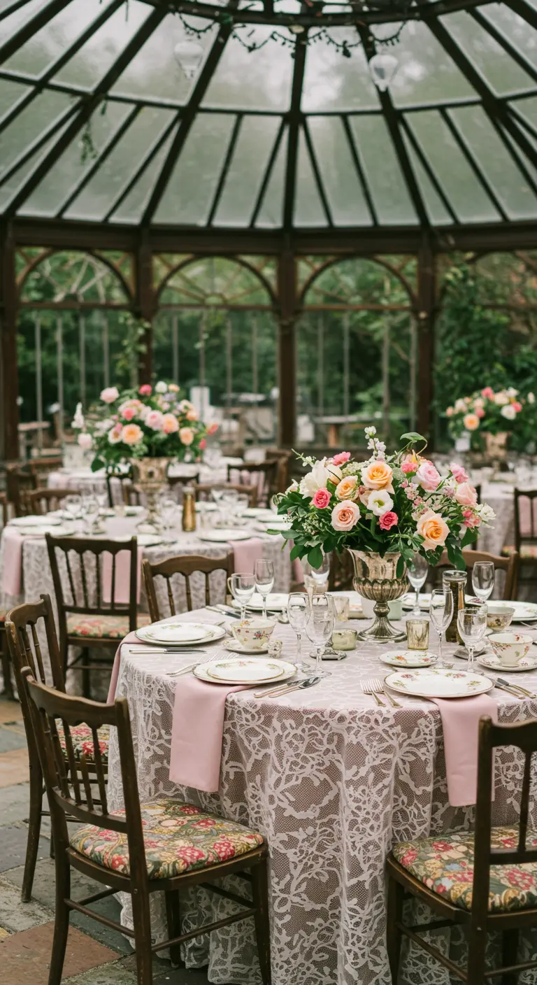Tafel met kanten kleed en stoelen met bloemenprint in een tuinhuisje.