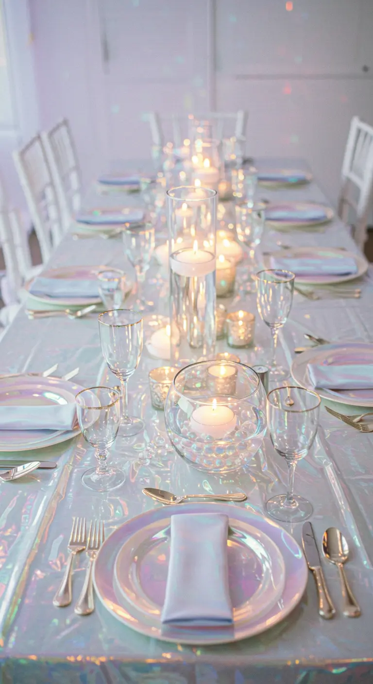 Tafel met een holografisch tafelkleed, drijvende kaarsen en parels.