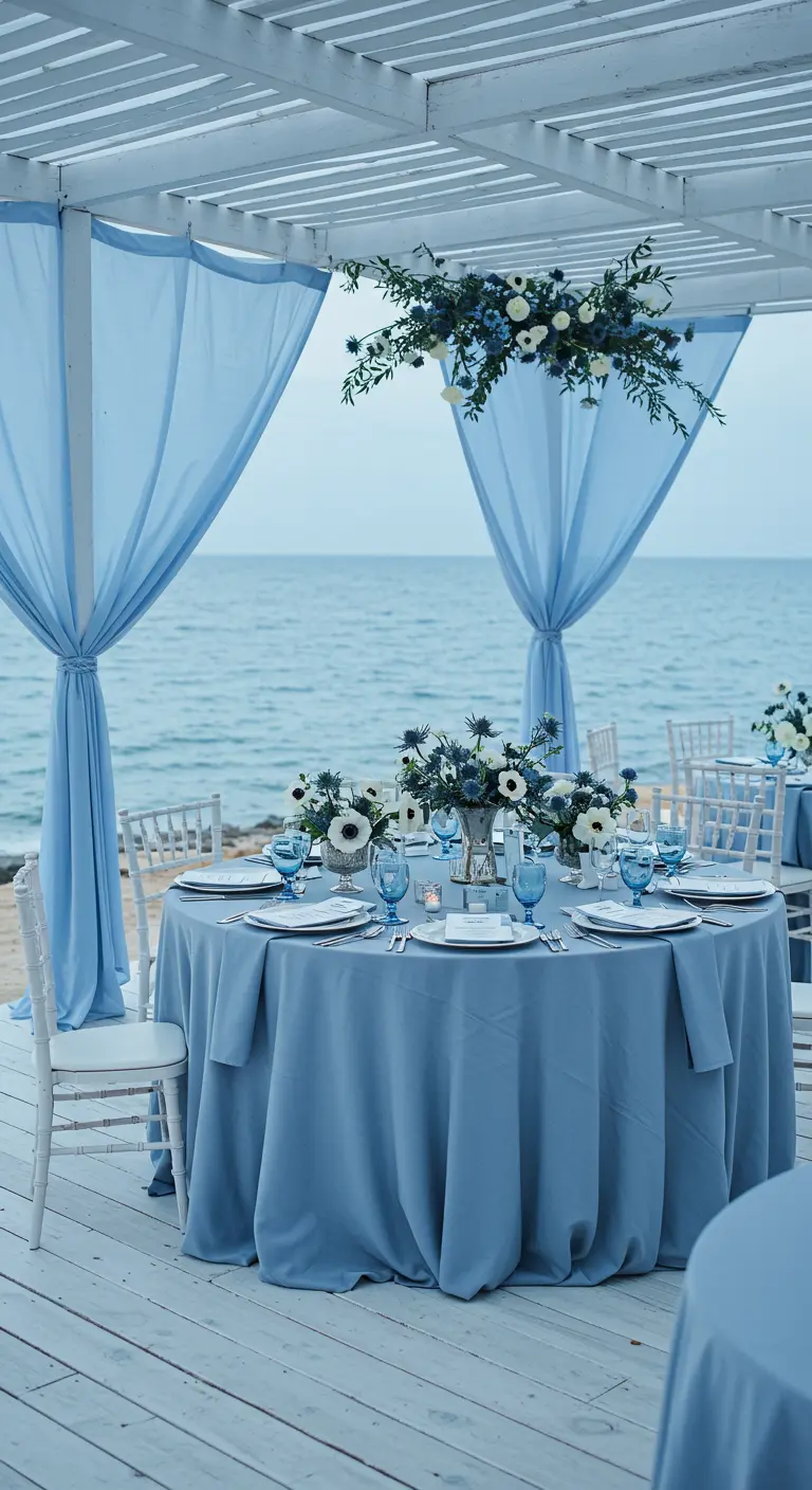 Bruiloftdiner aan zee met stoffig blauwe tafelkleden, draperieën en witte stoelen.