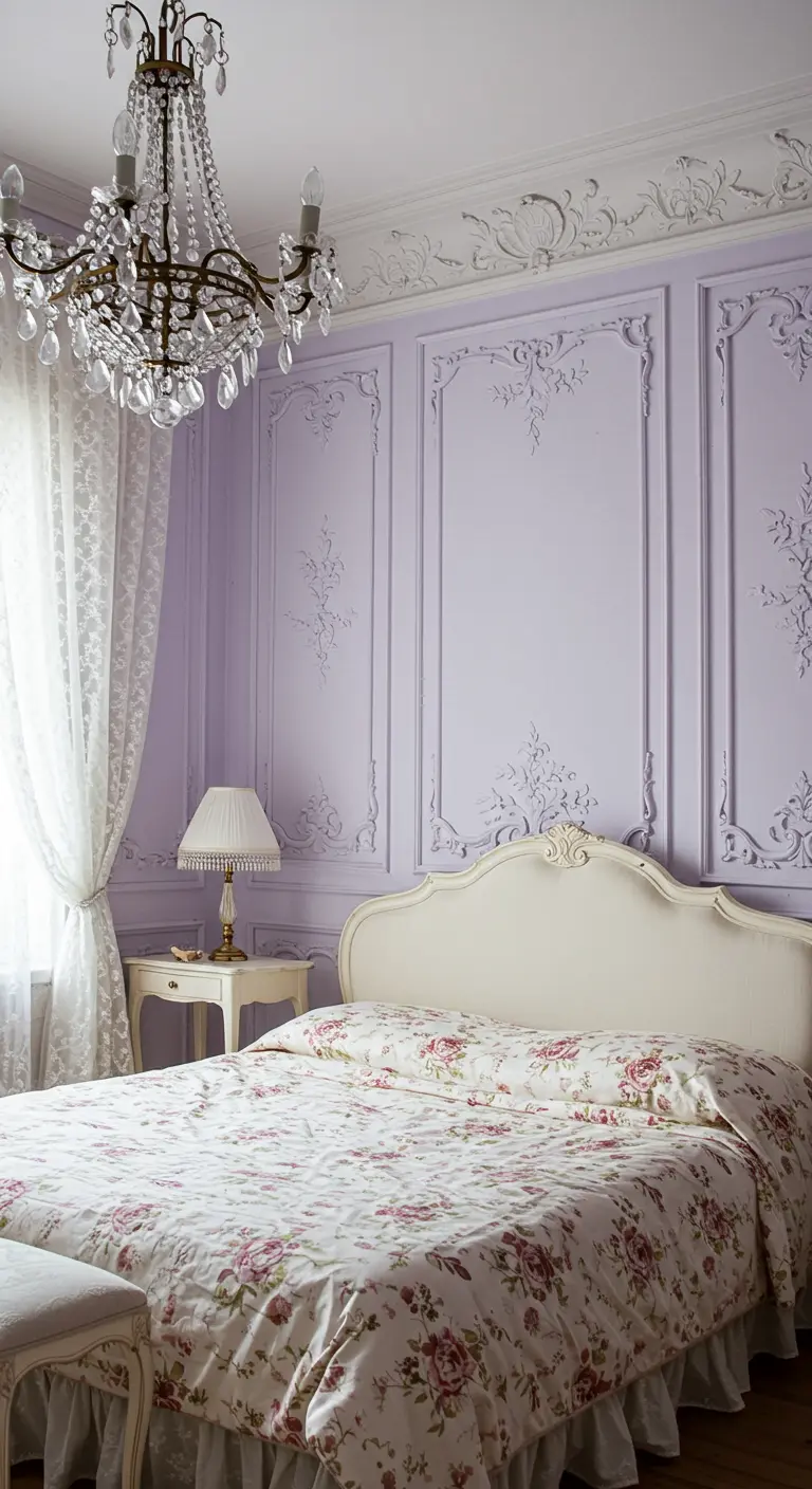 Romantische slaapkamer in lavendel met sierlijke wandpanelen en bloemenprint.
