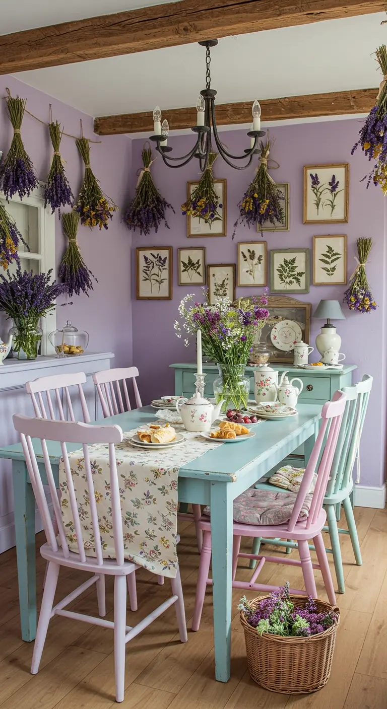 Landelijke eetkamer met lila muren, een lichtblauwe tafel en hangende bossen droogbloemen.