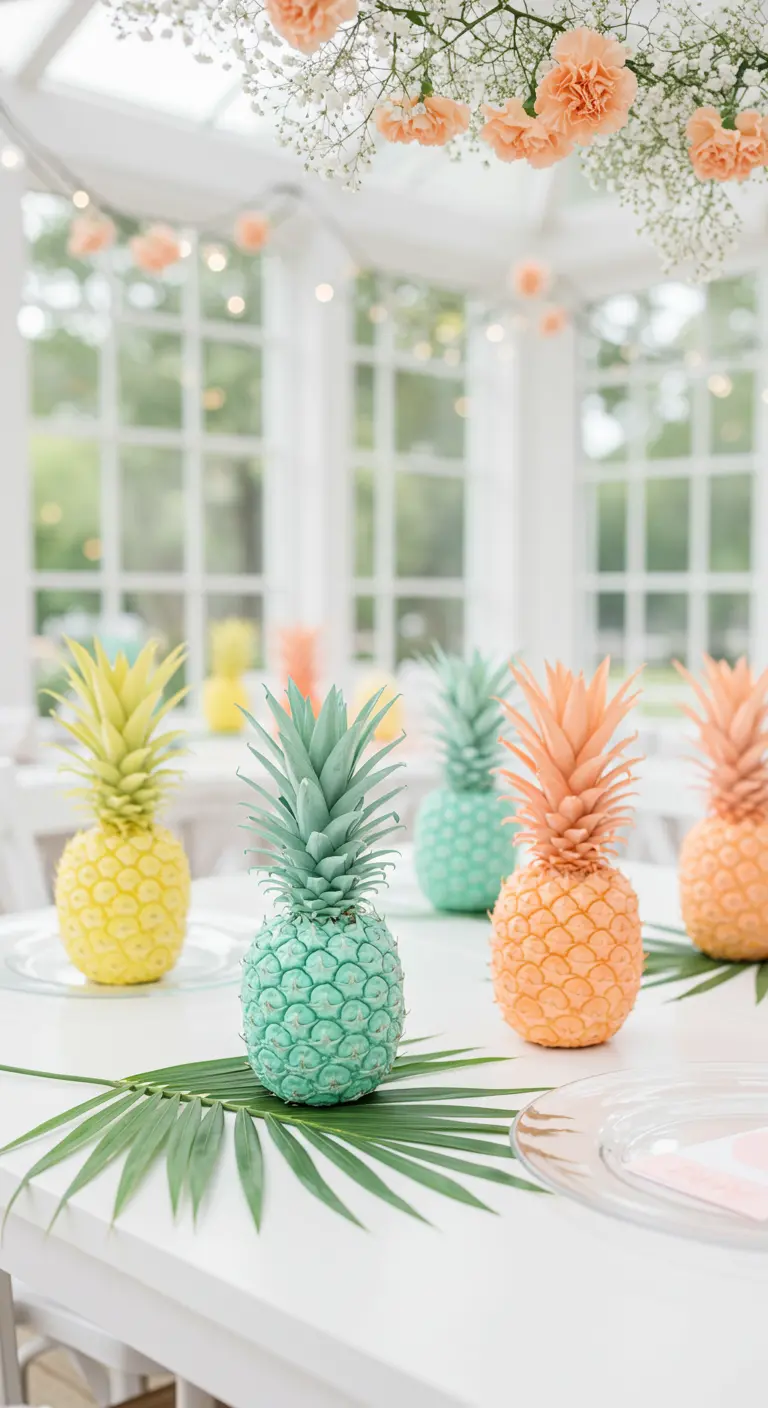 In pastelkleuren geverfde ananassen op een witte tafel met palmbladeren.