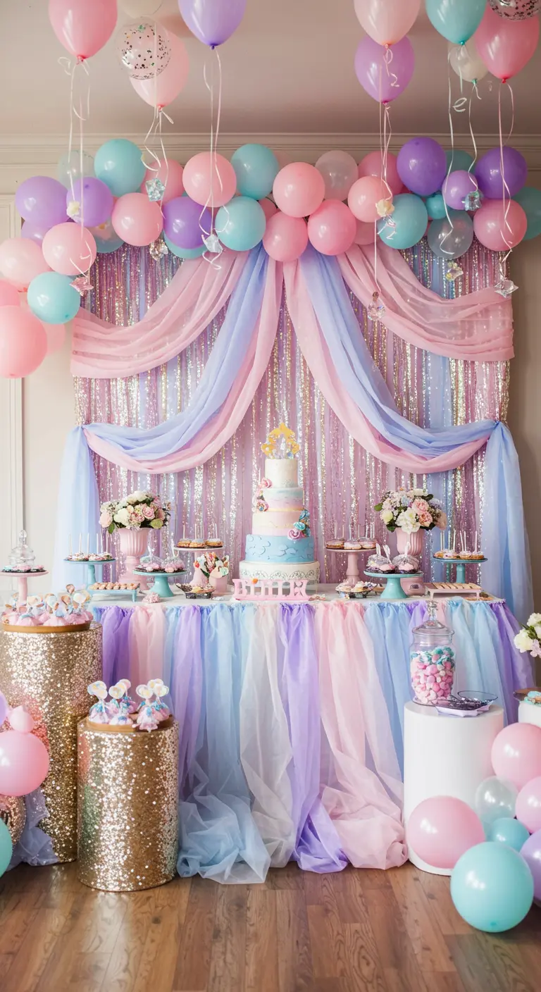Gelaagde backdrop van tule en folie met ballonnen voor een verjaardagsfeest.