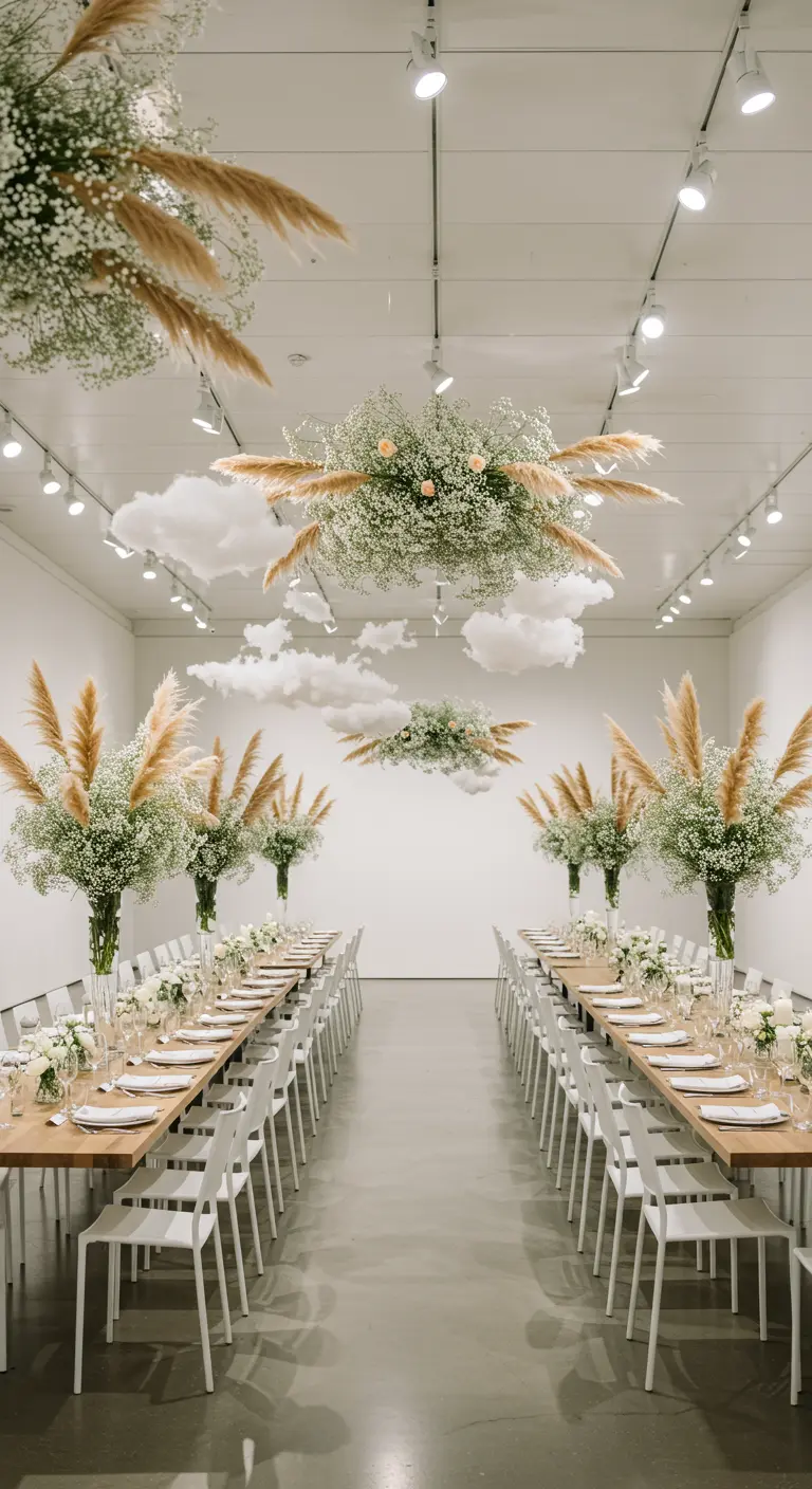 Lange dinertafels met zwevende wolken van gipskruid en pampasgras erboven.