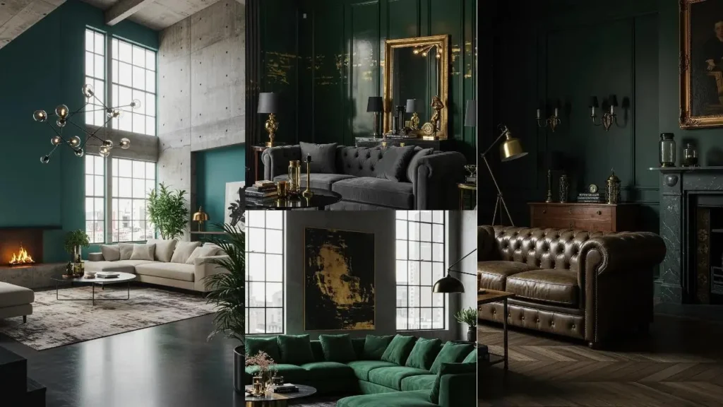 Inspirerende woonkamers met mysterieuze, luxe kleuren zoals diepgroen en andere donkere tinten voor een droominterieur.