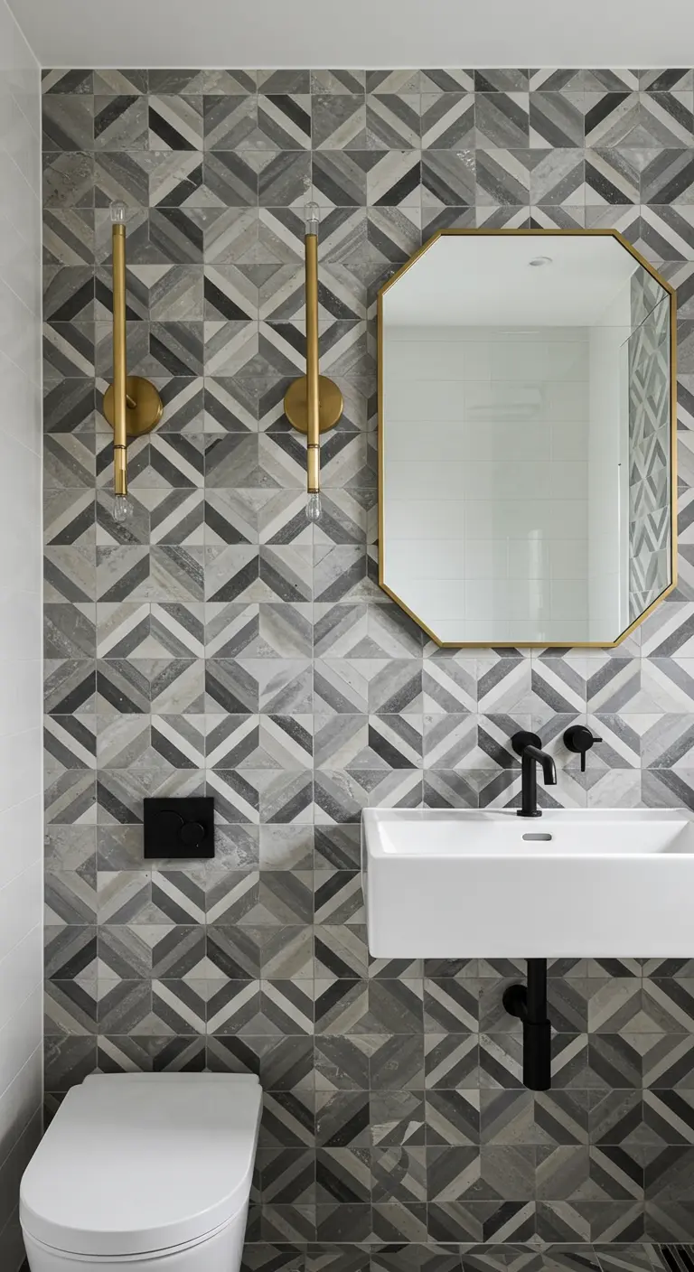 Compacte badkamer met een muur vol geometrische grijze tegels en messing wandlampen.