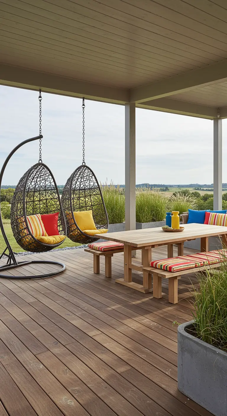 Grote veranda met twee hangstoelen, lange picknicktafel en gestreepte, kleurrijke kussens.