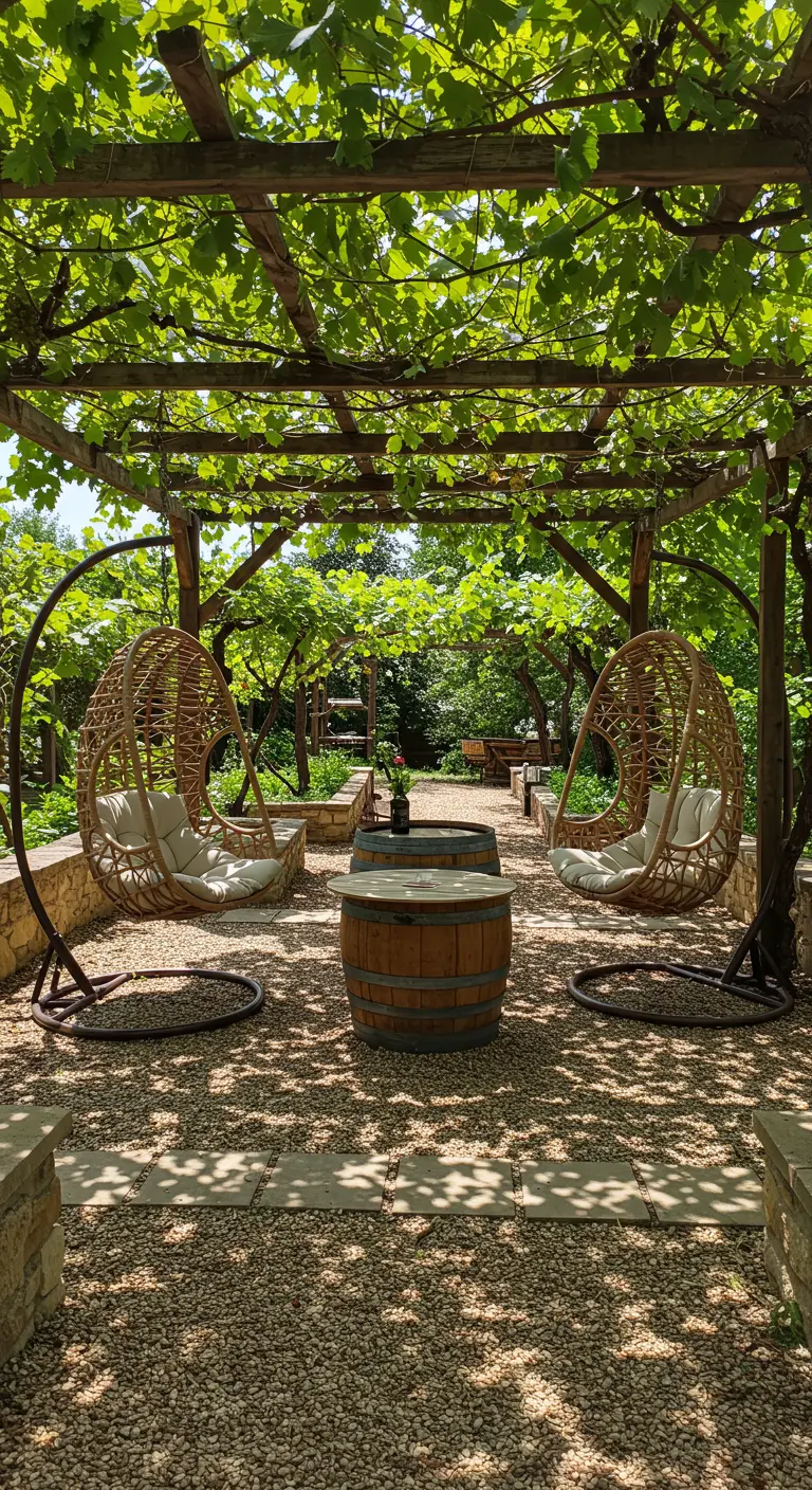 Twee rieten hangstoelen en wijnvattafel onder wijnrankenpergola met uitzicht op wijngaard.