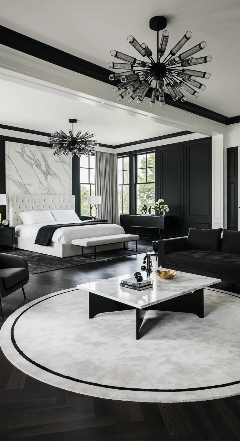 Grote slaapkamer met donkere muren, marmeren accentmuur, wit bed en twee moderne kroonluchters.