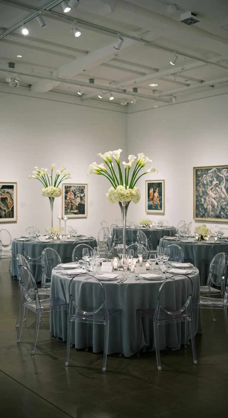 Moderne trouwopstelling in een kunstgalerij met grijze tafelkleden, transparante stoelen en witte Calla lelies.