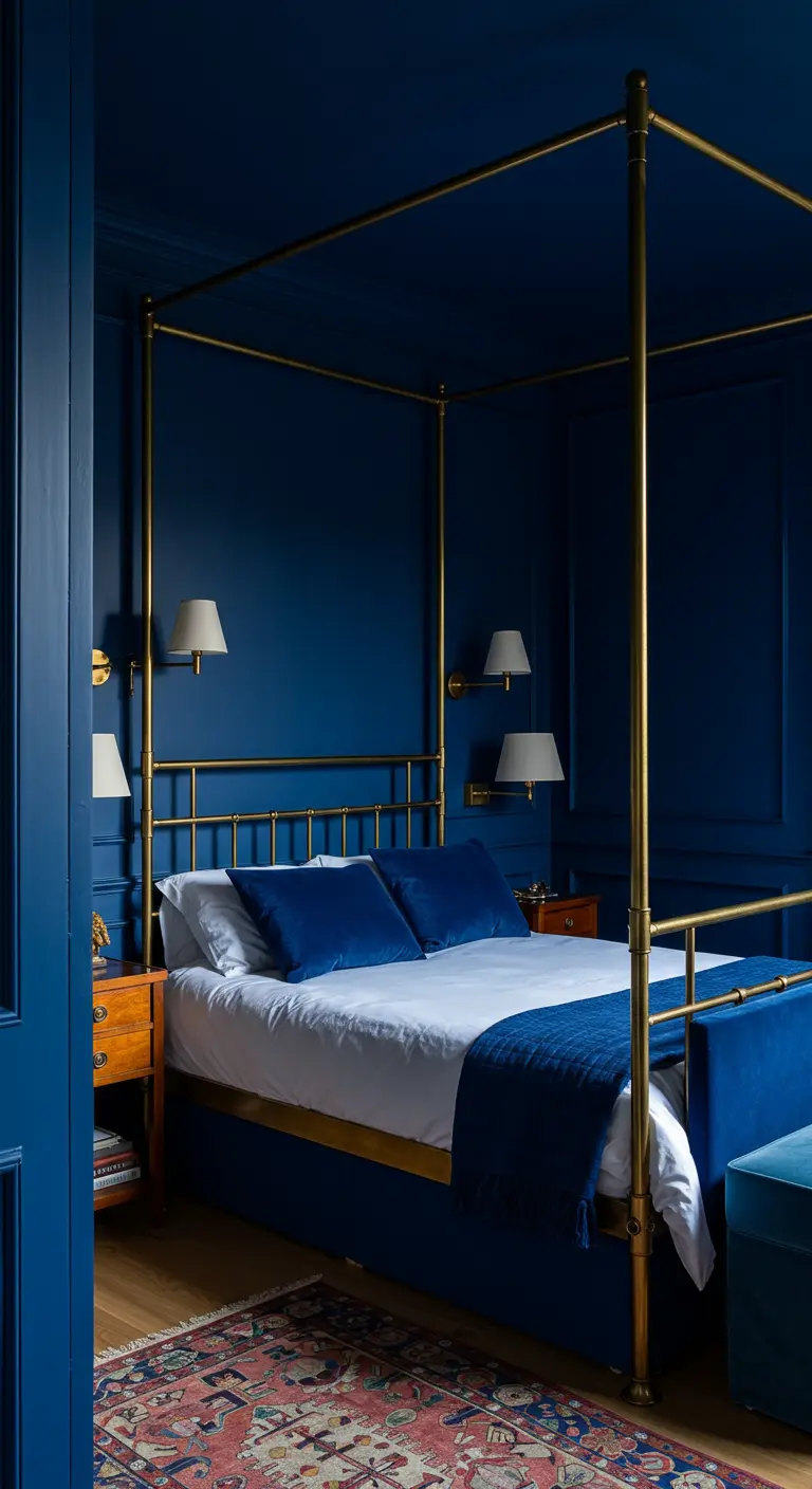 Goudkleurig hemelbed in een slaapkamer die volledig in diepblauw is geschilderd.