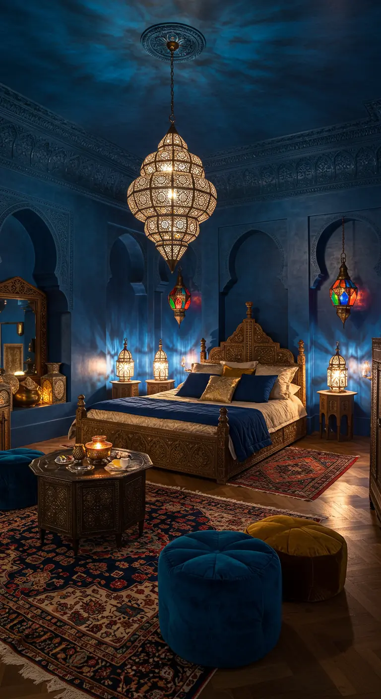 Diepblauwe oosterse slaapkamer met een grote, gouden Marokkaanse lantaarn.