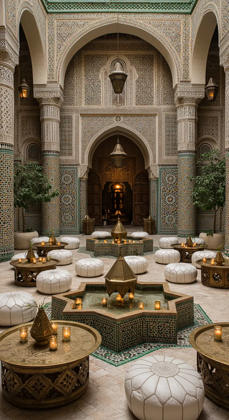 Lounge-opstelling in een Marokkaanse riad met poefs, lage tafels en kaarslicht.