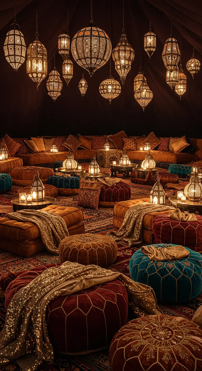 Marokkaanse lounge met poefs, kussens, rijke stoffen en lantaarns.