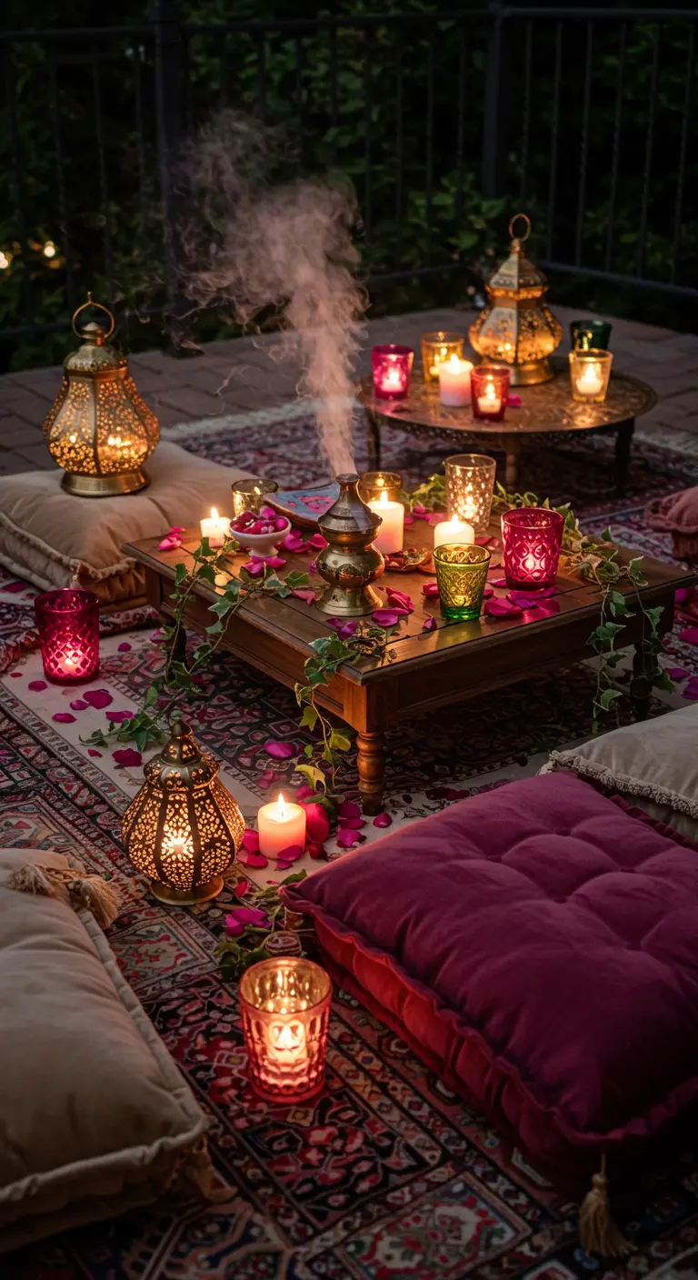 Bohemian setting met lage tafels, kussens, lantaarns en wierook.