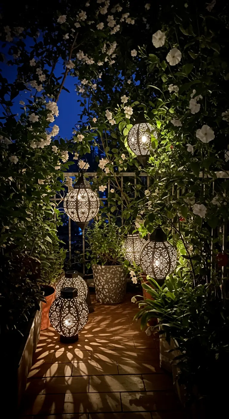 Donker balkon verlicht door het patroon van meerdere Marokkaanse solar-lantaarns tussen de planten.
