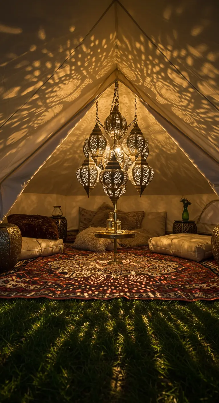 Binnenkant van een tent met loungekussens, verlicht door een cluster van Marokkaanse lantaarns.