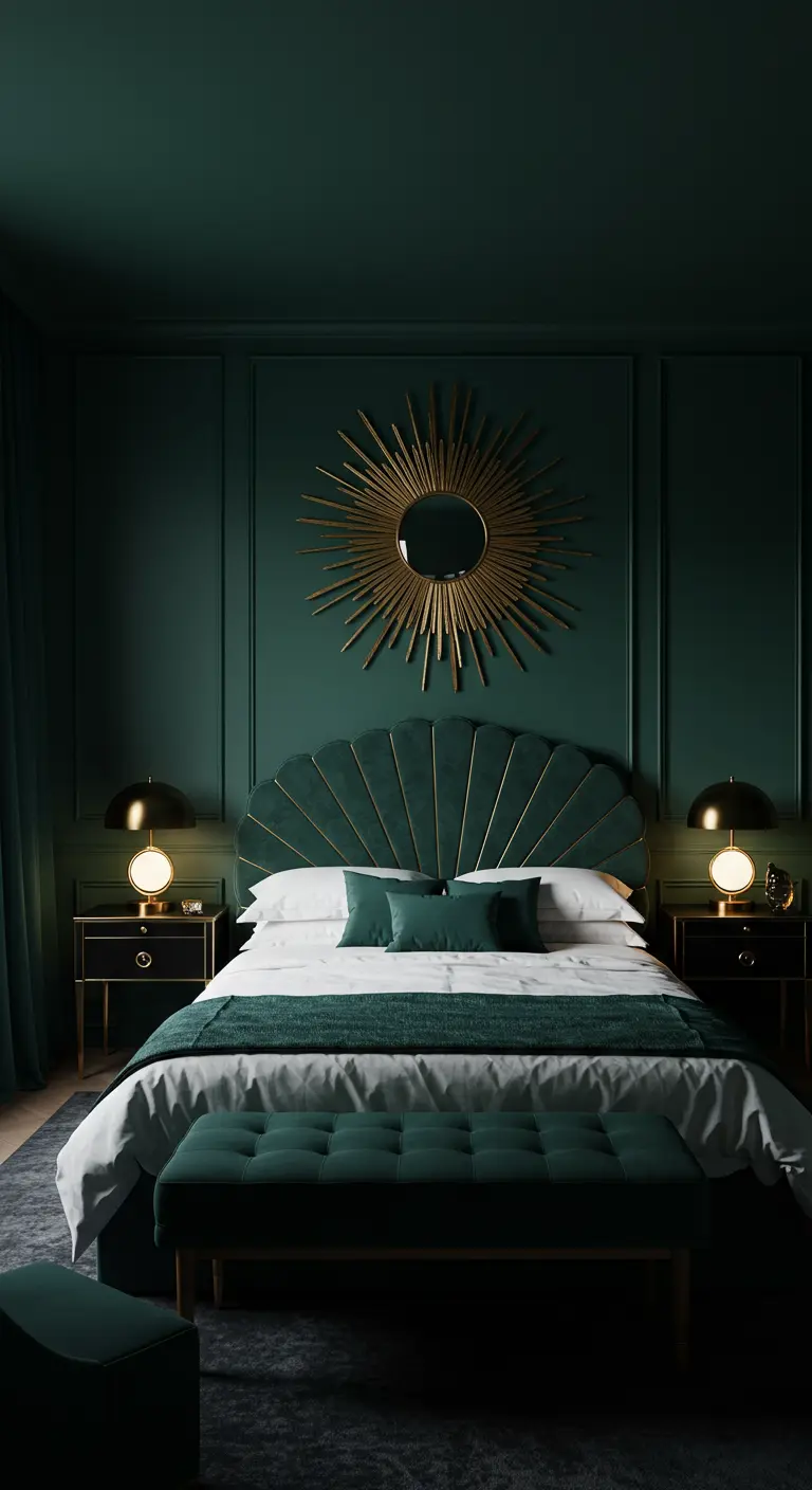 Donkergroene slaapkamer met fluwelen schelp-hoofdbord en gouden zonnespiegel.