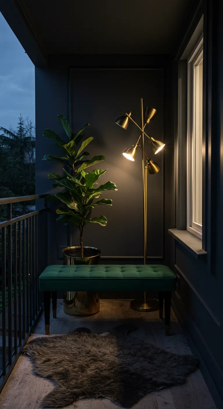 Donker en sfeervol balkon met een groene velours bank, een vioolbladplant en een messing staande lamp.
