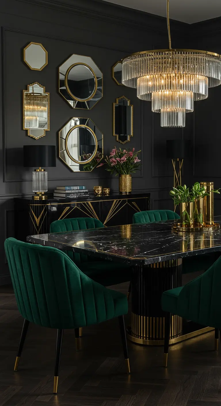 Donkere, luxe eetkamer met zwarte muren, smaragdgroene fluwelen stoelen, een zwarte marmeren tafel en gouden accenten.