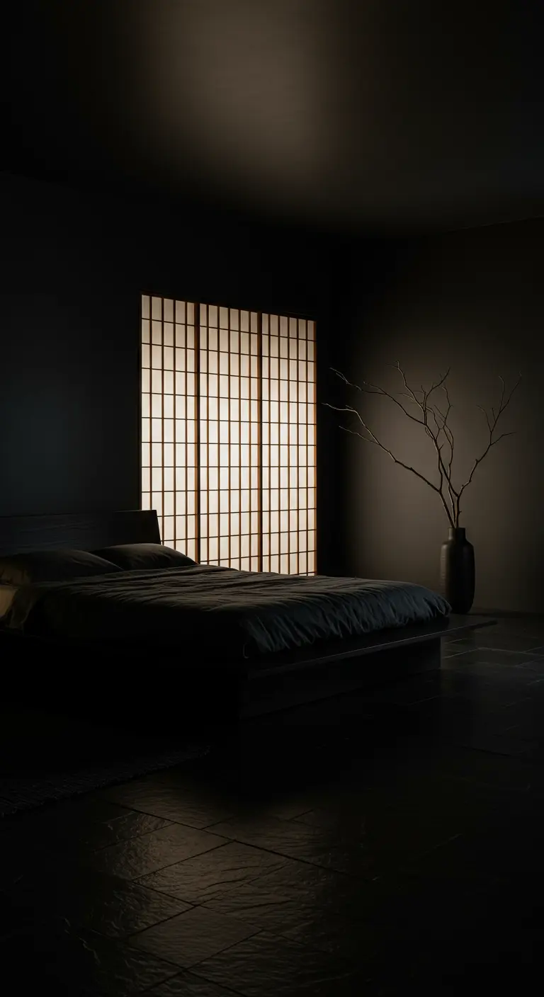 Donkere, minimalistische slaapkamer waarin een verlicht shoji-scherm de enige lichtbron is naast het bed.