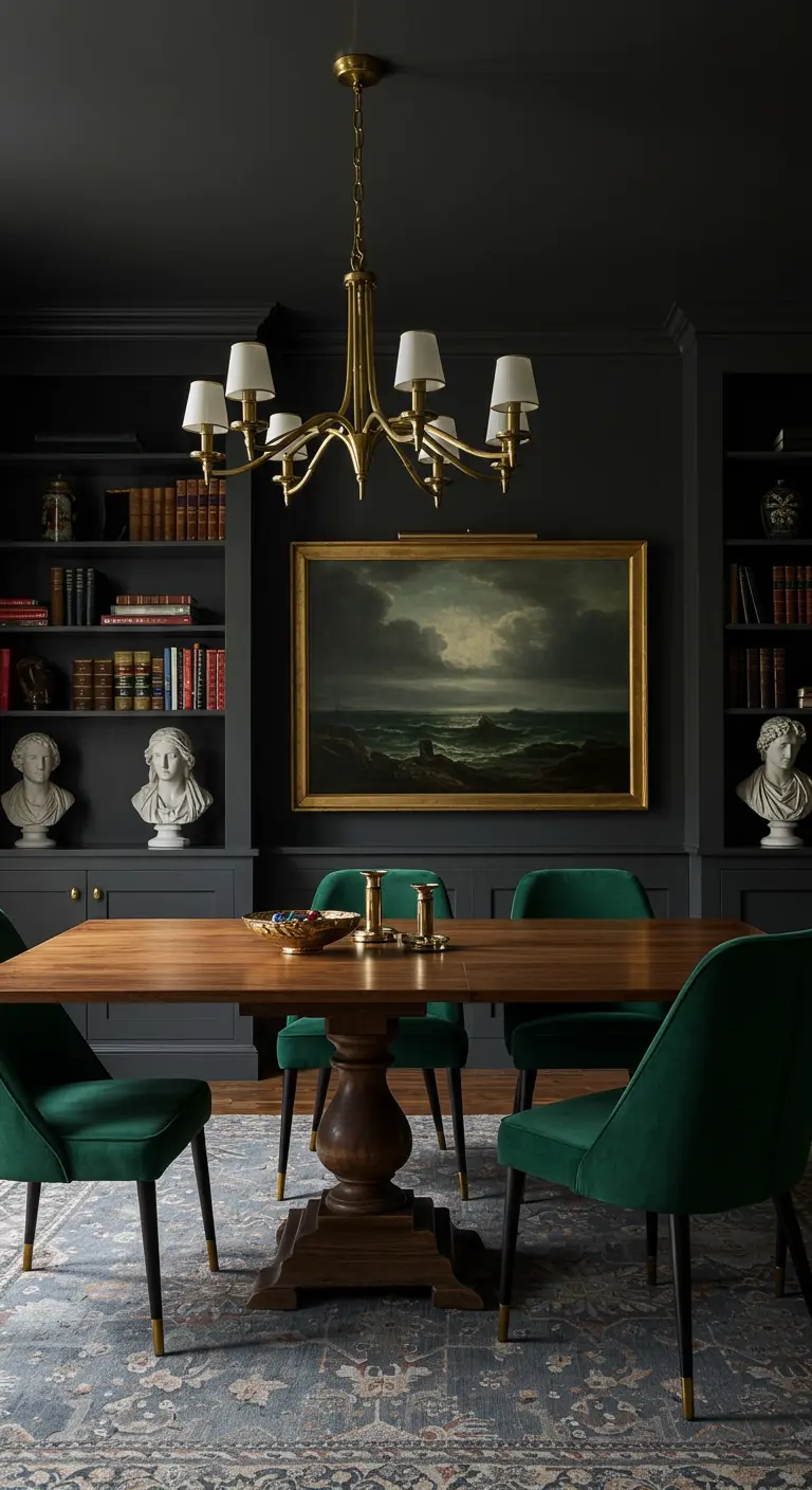 Donkergrijze eetkamer met smaragdgroene fluwelen stoelen en een klassiek schilderij van een zeegezicht.