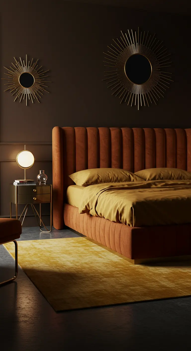 Chique donkere slaapkamer met terracotta fluwelen bed en gouden zonnespiegels.