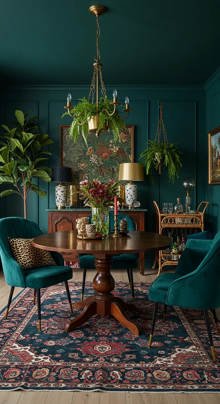 Donkergroene eetkamer met fluwelen stoelen, een ronde houten tafel en gouden accenten.