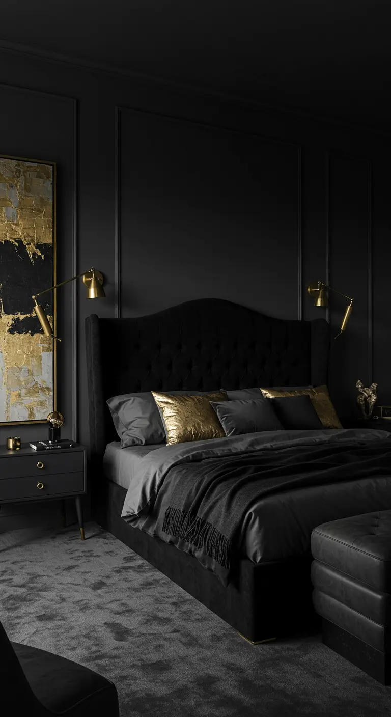 Donkere, luxe slaapkamer in zwart met gouden accenten, fluwelen hoofdbord en abstracte kunst.