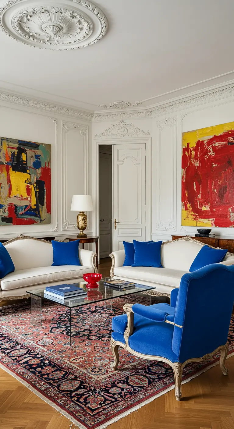 Woonkamer met witte lambrisering, klassieke meubels en gedurfde abstracte kunst