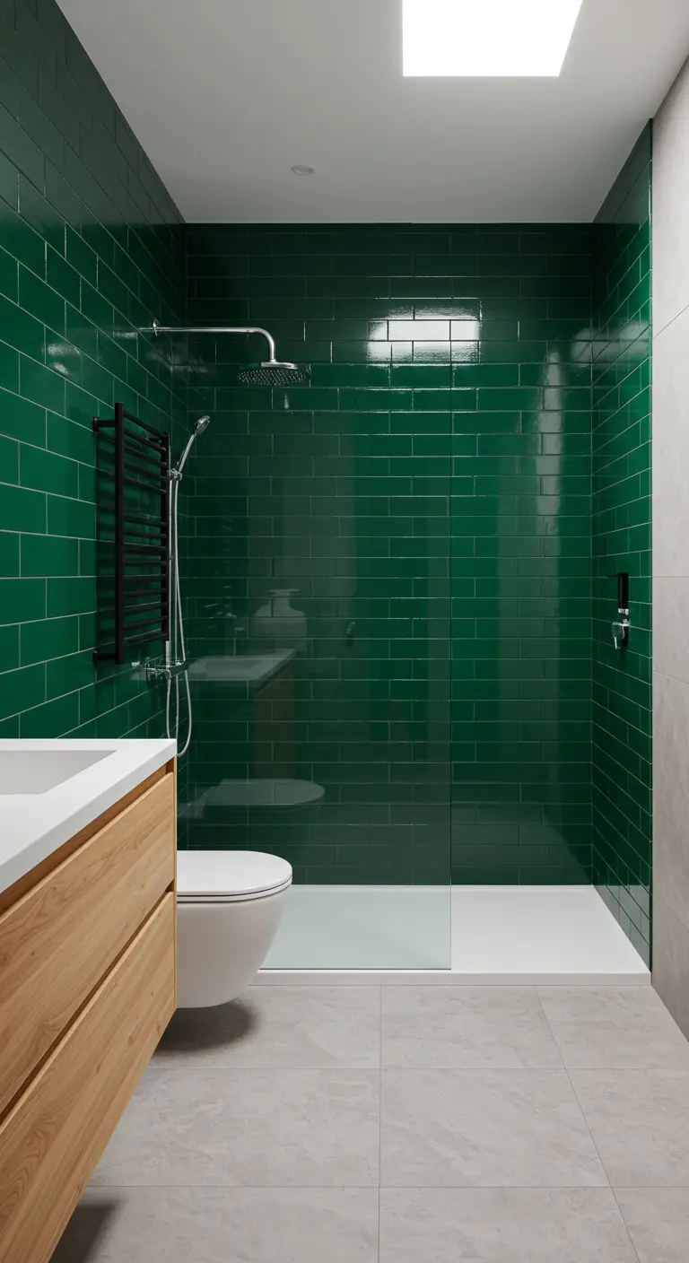 Moderne badkamer met een inloopdouche volledig betegeld in glanzend smaragdgroen.