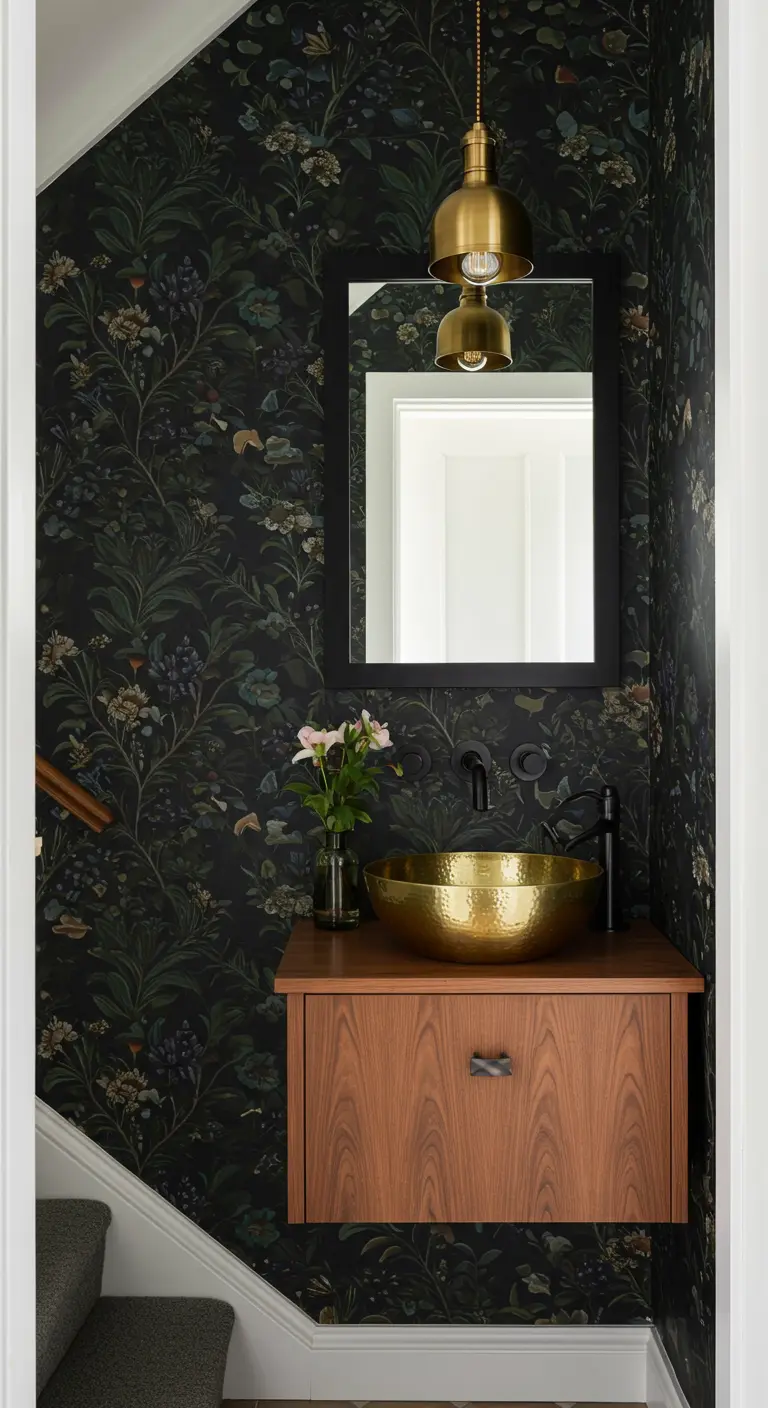 Toiletruimte met donker bloemenbehang, een gehamerde messing waskom en een zwarte kraan.
