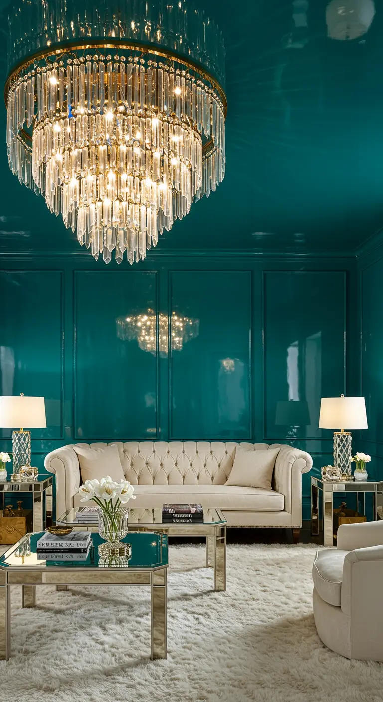 Luxe woonkamer met glanzende turquoise muren, een kristallen kroonluchter en een crèmekleurige bank.