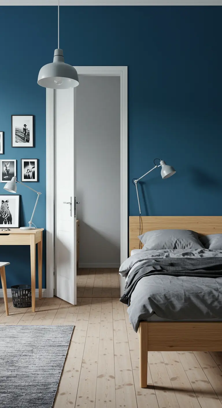 Slaapkamer met een diepblauwe muur, houten meubels en een kleine fotogalerij.