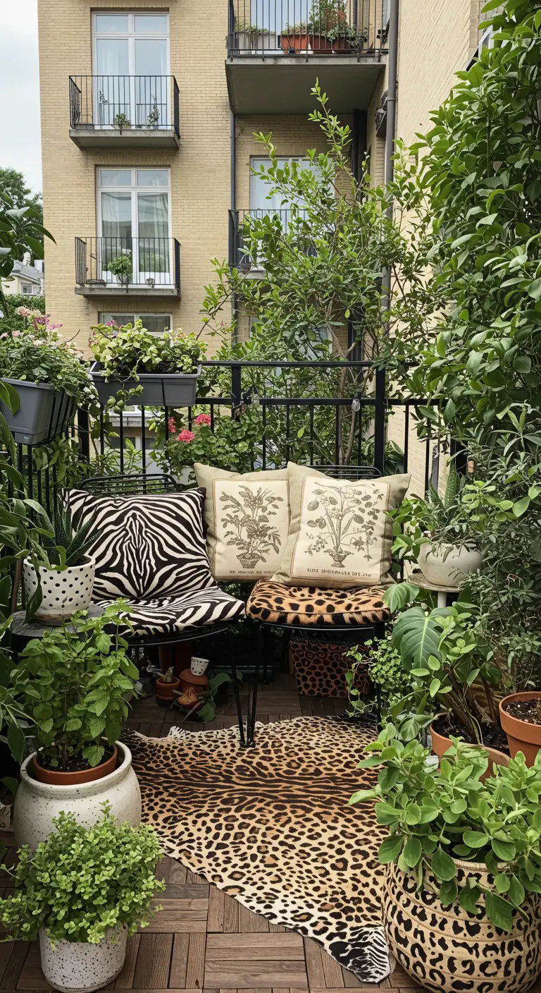 Eclectisch balkon vol planten, met kussens en kleed in zebra- en luipaardprint.