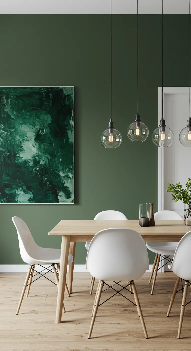 Eetkamer met een diepgroene muur, een abstract groen schilderij en witte designstoelen.
