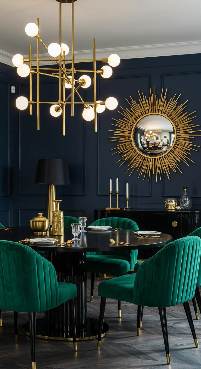 Chique donkerblauwe eethoek met smaragdgroene fluwelen stoelen, gouden spiegel en moderne kroonluchter.