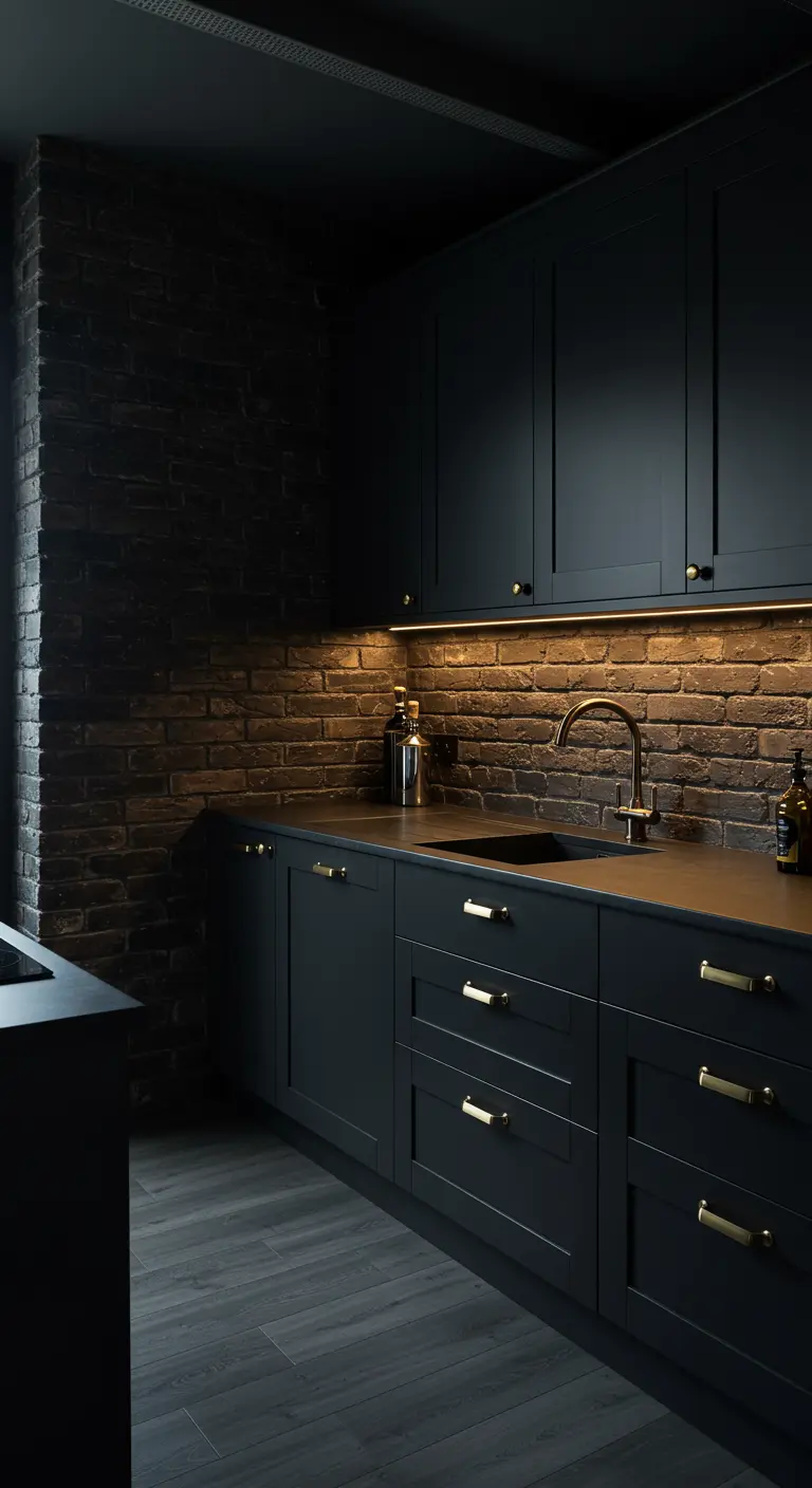 Zwarte keuken met matzwarte kasten, zwarte bakstenen muur en gouden handgrepen.