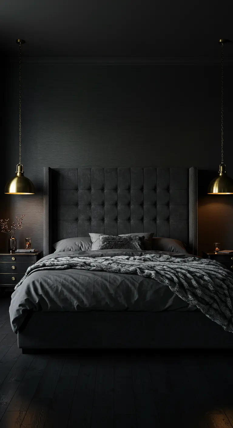Donkere, luxe slaapkamer met een gecapitonneerd hoofdbord en messing hanglampen die warm licht geven.
