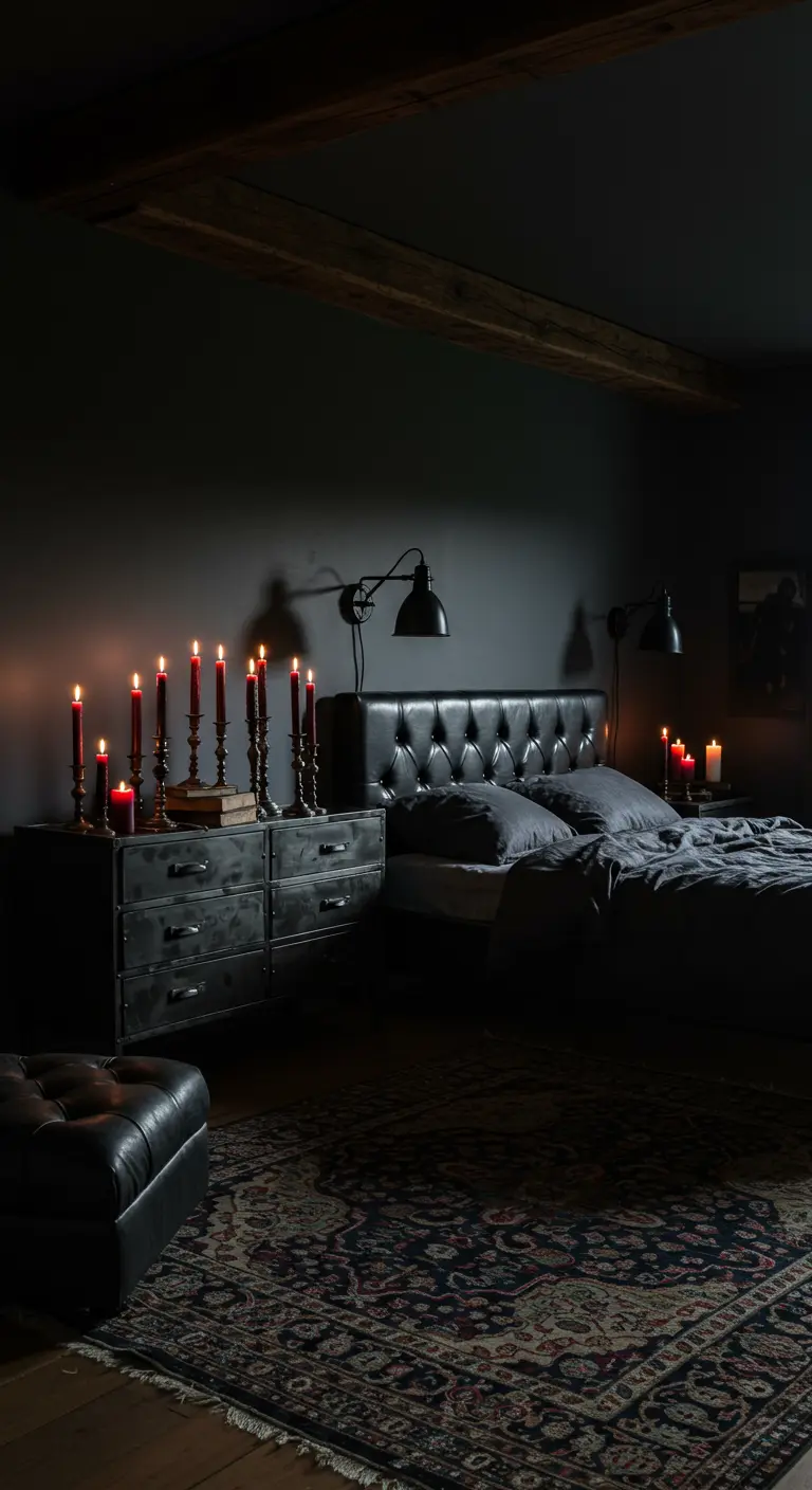 Donkere, sfeervolle slaapkamer met zwarte muren, een leren bed en veel rode kaarsen.