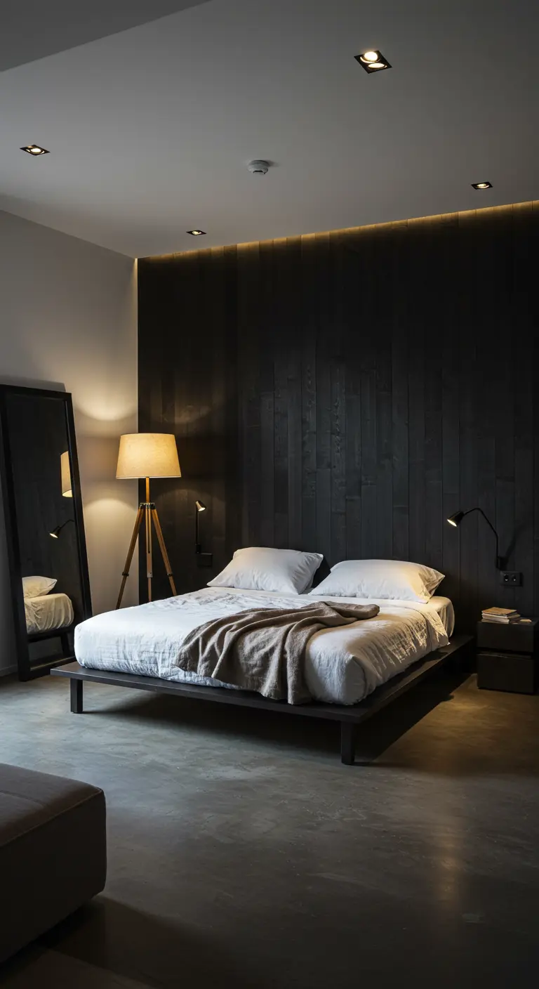 Moderne slaapkamer met een zwarte houten accentmuur en minimalistisch bed.