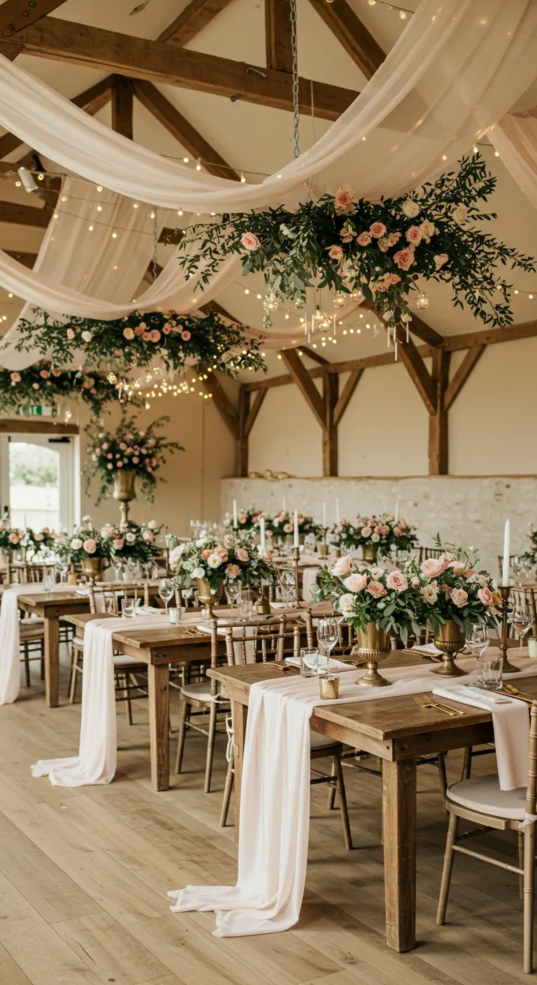 Rustieke trouwlocatie met houten tafels, blush-roze lopers en hangende bloemendecoraties aan het plafond.