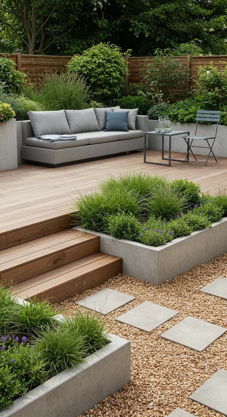 Moderne tuin met een verhoogd houten terras, betonnen plantenbakken en grindpaden.