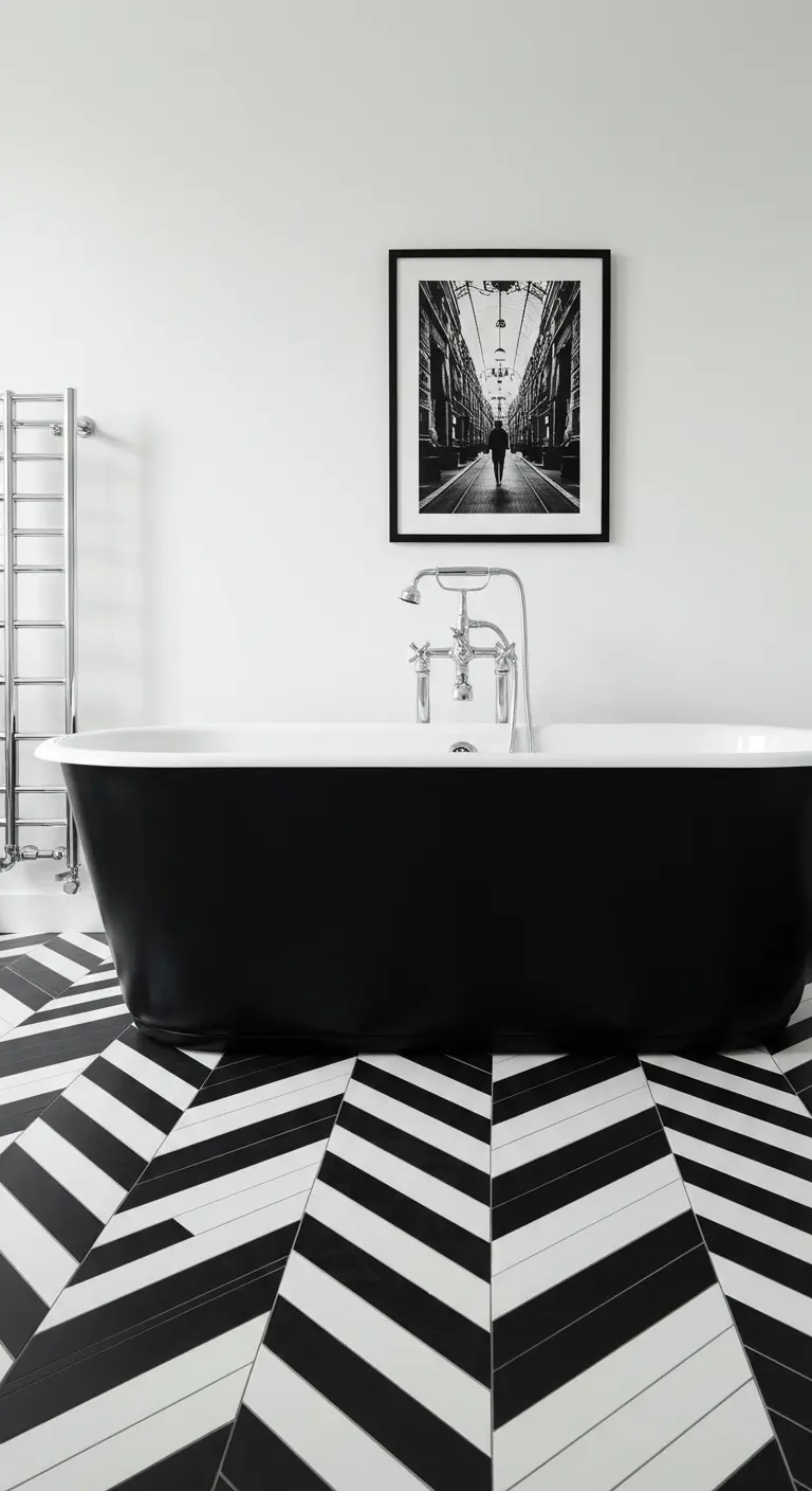 Strakke badkamer met een zwart-wit chevronpatroon op de vloer en een zwart vrijstaand bad.